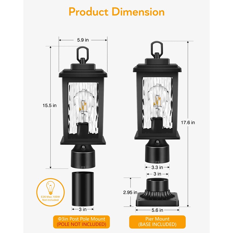 VIANIS Dusk to Dawn Outdoor Post Light Fixture with Pier