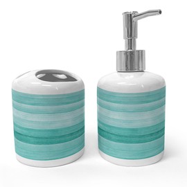 Ambesonne Teal Soap Dispenser & Toothbrush Holder Set, Painted Wood Board Horizontal Lines Birthdays Easter Holiday Print Backdrop Image, Ceramic Bathroom Toiletry Accessories, 2 Pcs, Turquoise
