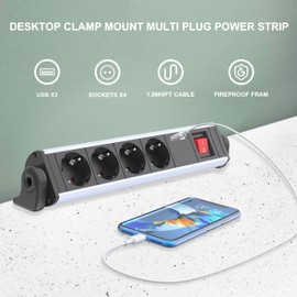 UCOMEN 4-Way Power Strip with Switch and 2 USB A, Multiple Socket with Mounting Clips for Secure Mounting on the Desk, Suitable for Indoor, Desk, Computer