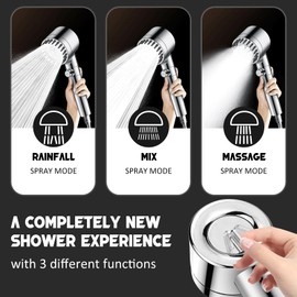 Shower Head with Hose 2 m, High Pressure Shower Head with Filter, Shower Head Water-Saving with 3 Jet Types and Stop Function, Hand Shower with Filtration in 15 Layers for Removing Chlorine, Chrome