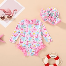Infant Baby Swimsuit Girl Long Sleeve UPF 50+ Sun Protection One-Piece Rash Guard with Hat Zipper Bathing Suit (Flamingo,18-24 Months)