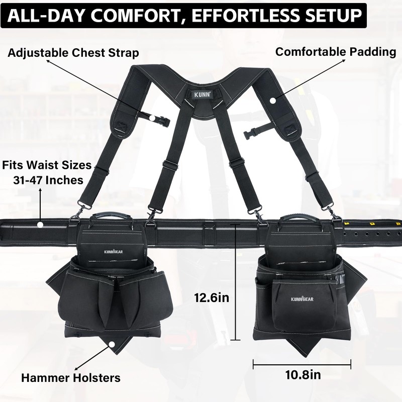 KUNN Tool Belt with Suspenders Professional Framer's Construction Rig with