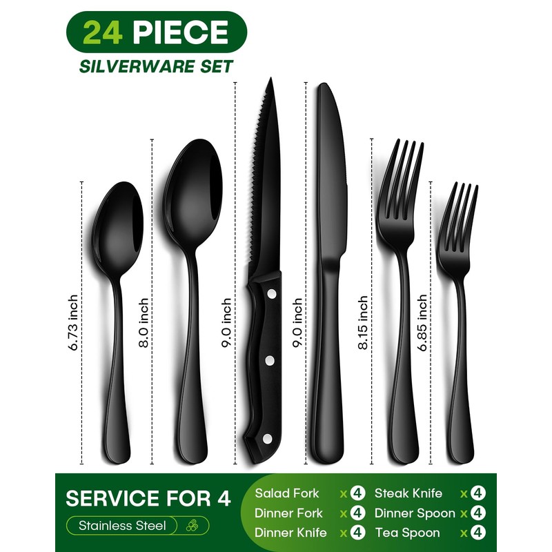 PHILIPALA 24-Piece Black Silverware Set with Steak Knives Food-Grade Stainless