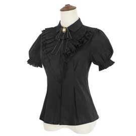 Nuoqi Victorian Blouse Women Black Ruffle Edwardian Shirt Short Cotton 1800s Vintage Top with Bow M