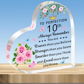 JMIMO 10th Birthday Gifts for Girls Inspirational 10th Transparent Heart Shaped Acrylic Plaque Keepsake