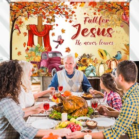 YE SU Fall for Jesus Backdrop, Jesus He Never Leaves Photography Background Autumn Pumpkin Maple Leaves Christian Religion Backdrop Banner for Fall Thanksgiving Party Decorations
