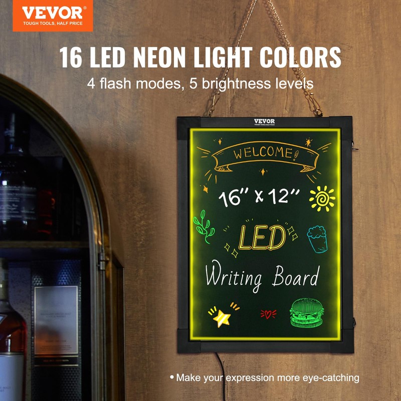 VEVOR LED Message Writing Board, 16"x12" Illuminated Erasable Lighted Chalkboard,