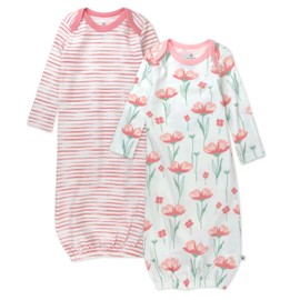 HonestBaby Baby 2-Pack Sleeper Gowns Layette Sets 100% Organic Cotton for Newborn Boys, Girls, Unisex, Strawberry Pink Floral, 0-6 Months