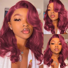 99J Burgundy Bob Wig Human Hair 13x4 Frontal Lace Wig 16 Inch Body Wave HD Lace Front Wigs Human Hair Pre Plucked 180% Density Glueless Wine Red Bob Wigs for Women (99J Burgundy, 16 Inch)