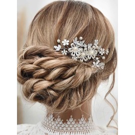 Yean Flower Bridal Hair Comb Silver Crystal Leaf Wedding Hair Accessories Pearl Hair Piece for Women and Girls