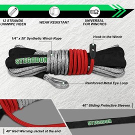 STEGODON 1/4inch X 50ft Synthetic Winch Rope Kit,10000LBS Winch Line Cable with Protective Sleeve+Winch Hook+Safety Pull Strap for Off Road Vehicle ATV UTV(Gray)