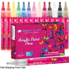 Imagine It 14 Colors Acrylic Paint Marker Pens, 3mm Medium Tip Art for Rock Canvas Ceramic