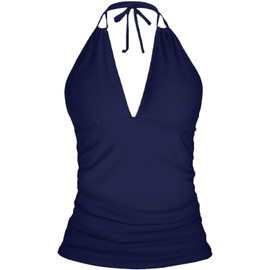 Yonique Parte superior de tankini halter para mujer, sin parte inferior, cuello en V, parte superior de natación con control de abdomen, Azul marino, XXL
