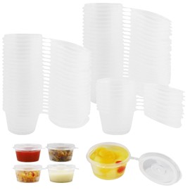 MAOQYE 100 Pcs Small Plastic 1oz Pots with Lids, Reusable Hinged Sauce Pots, Clear Jelly Shot Cups Small Plastic Deli Pot for Portion Controll, Sauce, Condiments, Meal Prep (25ml)