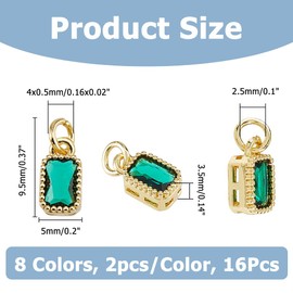 Hobbspring 16Pcs Micro Pave Cubic Zirconia Charms 8 Colors Rectangle Birthstone Pendants Real 18K Gold Plated Charms with Jump Ring for Jewelry Necklace and Earrings Making