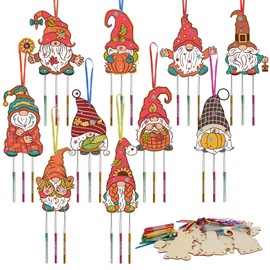 KATOOM 10 Pack Fall Crafts for Kids,DIY Fall Gnome Wind Chime Kit Unfinished Wooden Gnome Ornaments DIY Painting Craft for Boys Girls Thanksgiving Autumn Party Decoration