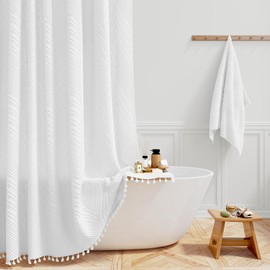 BTTN 84 Extra Long Shower Curtain - 72x84 Tufted Leaves Textured Striped Cloth Shower Curtain Set with 12 Plastic Hook, Water Repellent, Farmhouse Country Fabric Shower Curtains for Bathroom, White