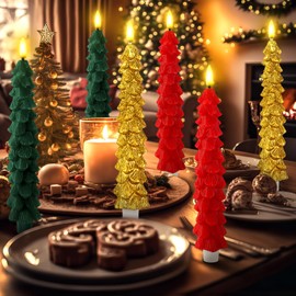 Funtery 6 Pcs LED Christmas Tree Flameless Taper Candles, 9.7 Inch Real Wax Battery Operated Candlestick Lights with 3D Flame and Remote Timer for Windows Fireplace(Red Green Gold,Christmas Tree)