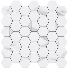 DICOFUN 10-Sheet Hexagon Tile Peel and Stick Backsplash, White Marble Look PVC Mixed Silver Metal Mosaic Tiles for Kitchen and Bathroom