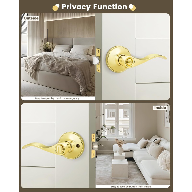 Gobrico--Polished Brass Door Handles Keyless Bedroom Bathroom Door Levers Drop/Wave
