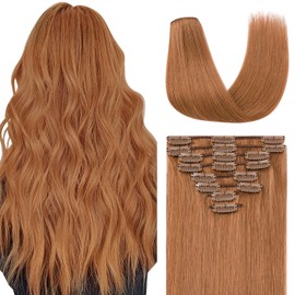 TESSHAIR Clip in Hair Extensions Real Human Hair 14 Inch Human Hair Clip in Extensions Light Auburn Hair Extensions Clip ins Double Weft 100% Real Human Hair Extensions 8 PCS 60g #30