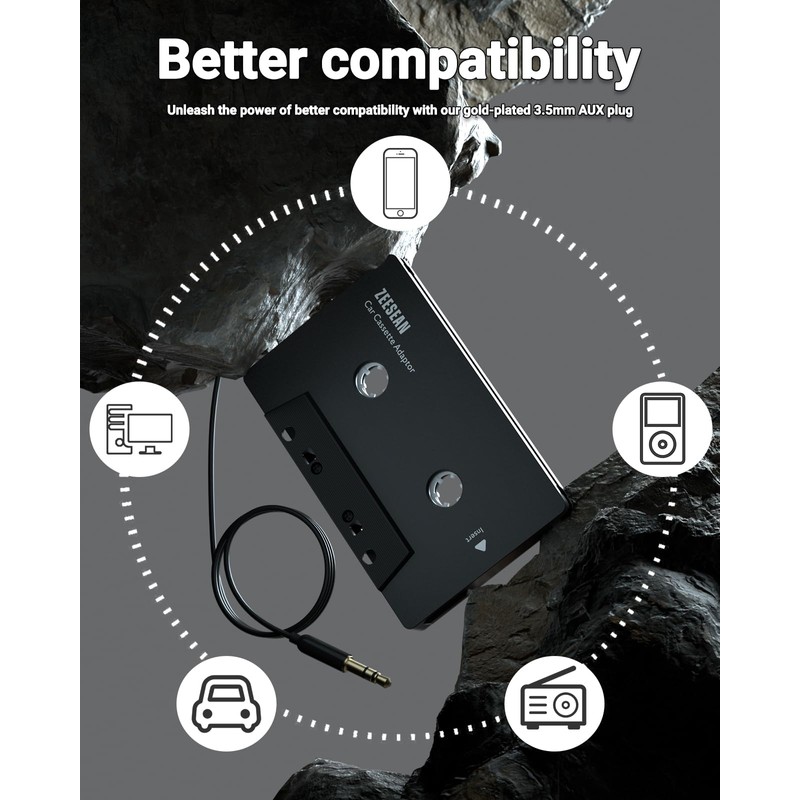 zeesean Car Cassette Adapter, 3.5mm Universal Cassette Aux Adapter, Cassette