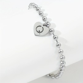 26 Initial Surname Letter Bracelets Stainless Steel Golden Round Beads Heart Shaped Letters Bracelet Suitable for Women's DailyColor: Silver-Q, Length: 6.29 inch