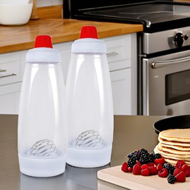 2 Pack Pancake Batter Dispenser and Mixer with BlenderBall Wire Whisk Batter Bottle Squeeze Kitchen Pancake Shaker Batter Dispenser Bottle Baking Tool for Cupcakes, Muffins, Crepes, White