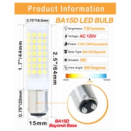 Lamsky Ba15d led Light Bulb 7.5W,B15 Double Contact Bayonet Base,120V Daylight White 6000K,75W 80W JD Type T3/T4 Halogen Bulb Replacement Bulb,Not Dimmable(2-Pack)