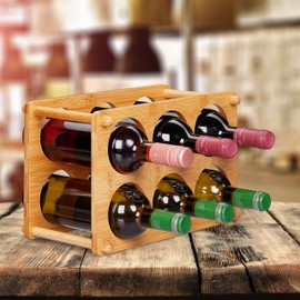 Relaxdays Bamboo Wine Rack, 6 Bottles, Wine Stand for Kitchen, Cellar, Living Room, Wine Rack HBT 21 x 32 x 18.5 cm, Natural