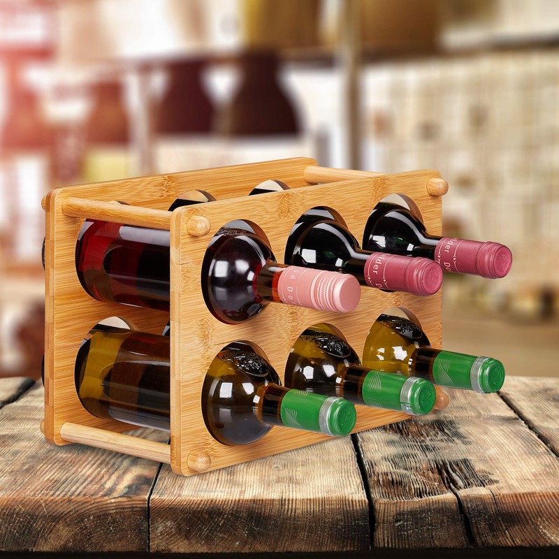 Relaxdays Bamboo Wine Rack, 6 Bottles, Wine Stand for Kitchen,