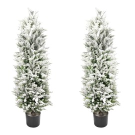 Sunnyglade 2 Packs 44" Artificial Topiary Cedar Trees Fake Topiary Plant Tree in Pot- Decorative Topiary Plant - Cement Filled Potted Faux Cedar Tree for Christmas Home Porch Outdoor Decor (White)