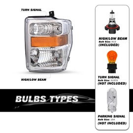 SOCKIR Headlight Assembly Set for 2008-2010 Ford F-250 F-350 F-450 F-550 Super Duty OE Style Headlamp Replacement Passenger and Driver Side w/Blubs (Chrome Housing with Amber Reflector)