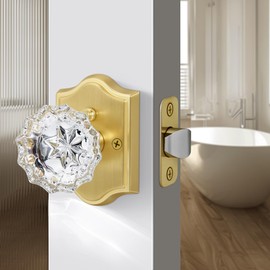 LOQRON Privacy Crystal Door Knob, Gold Glass Doorknob Interior with Push Button Lock, Vintage Crystal Door Knob for Bathroom Bedroom, Satin Brass