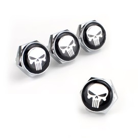 Gseigvee Pack-4 License Plate Screws Fastener Kit, White Skull Aluminum Alloy Car Anti Theft Screw Caps, License Plate Frame Decorative Screws Bolts for Car Truck Motorcycle SUV (Silver)