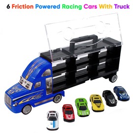 Maggie Toy Truck Rig Die-Cast Carrier Truck with 6 Friction Powered Alloy High Speed Battery-Less Racing Cars