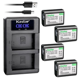 Kastar USB LCD Dual Charger and 4 Pack Battery for Sony NP-FW50, BC-VW1, BC-TRW, NEX-3, NEX-3N, NEX-5, NEX-5N, NEX-5R, NEX-5T, ILCE-7SM2 Alpha 7S II a7S II, ILCE-QX1, ILCE-QX1L, ILCE-6300 Alpha a6300
