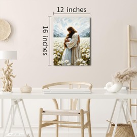 Jesus Hugging Girl Canvas Wall Art, Jesus And Woman Wall Decor Modern Christian Healing Embrace Mormon Pictures Prints For Church Prayer Room Christian Schools Hospitals Decoration 12x16in