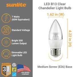 Sunlite LED B13 Torpedo Decorative Chandelier Light Bulb, 7 Watts (60W=), 500 Lumens, 120 Volts, Dimmable, E26 Base, 90 CRI, ETL Listed, Torpedo Clear, Title-20, 5000K Daylight, 6 Pack