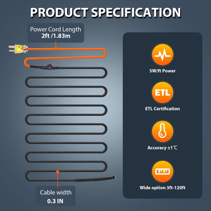 HEATIT JHSF 120-feet 120V Self Regulating Pre-assembled Pipe Heating Cable