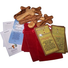 Holy Land Market Olive Wood Holding Hand Crosses with Gift Bags (with Red or Black Velvet Bag) from Bethlehem (6, 4 Inches)