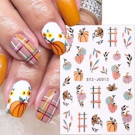 6 Sheets Fall Nail Stickers for Nail Art Cute Pumpkin Nail Decals Autumn Maple Leaf Nail Art Stickers 3D Self-Adhesive Glitter Thanksgiving Day Pumpkin Nail Decoration for Women Nails Design Supplies