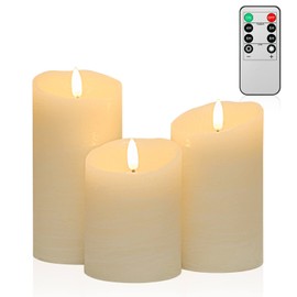 Real Wax Battery Operated Candles with Remote, Flickering Flameless Candles with Timer, Electric LED Candles for Home Wedding Birthday Decoration, Ivory, Set of 3