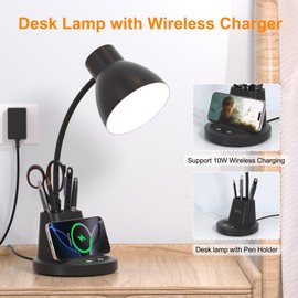 Sailstar Desk Lamp for Home Office, 10W Wireless Charging, Eye-Caring LED Desk Light, CRI 95+ 3 Color Modes Stepless Dimming Pen Holder, 360° Flexible Arm Desk Lamps for College Dorm, Adapter Included