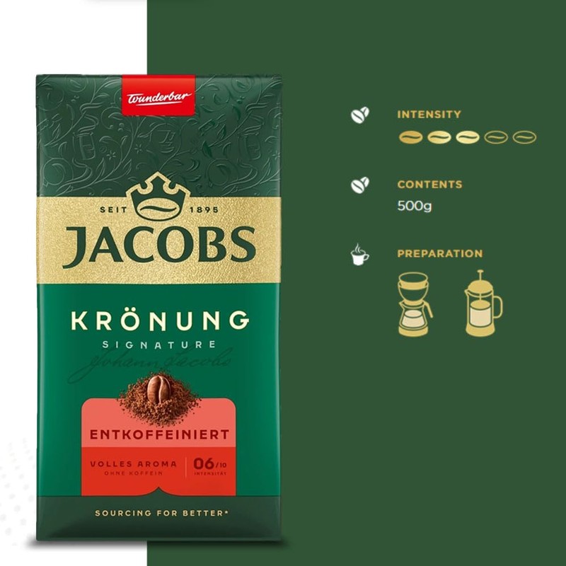 Jacobs Kronung Entkoffeiniert Decaf Ground Coffee 500 Gram / 17.6