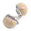 20mm Tall/Pink/Cream Enamel C-Shape Clip On Earrings in Silver Tone