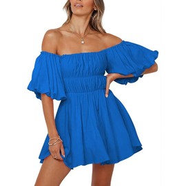 Dokotoo Off Shoulder Wedding Guest Dresses for Women 2024 Short Puff Sleeve Blue Dress Elastic Waist Ruffle A-Line Casual Mini Beach Dress Large