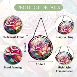 Pink Rose Stained Glass Window Hanging, Sun Catcher Panel Decorations for Window, Pink Bloom Ornam Decor, Flower Wall Hanging Ornament Decor, Glasswork Gifts for Mother, Bridal Shower, Housewarming