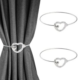 Pack of 2 Metal Heart Silver Window Curtain Tiebacks, Simple Style Curtain Holder for Many Curtain Types, Fits Modern & Classic Curtain Decoration, Stylish Curtain Holders for Curtains