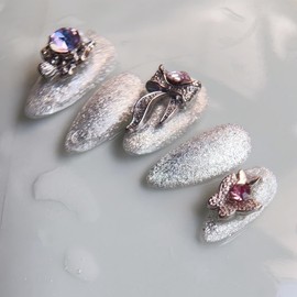 CAPTAIN CAT Handmade Press on Nails Almond Medium 3D Flower Design Reusable Fake Nail Kit With Nail Glue for Women's 10pcs (Silver Galaxy, M)